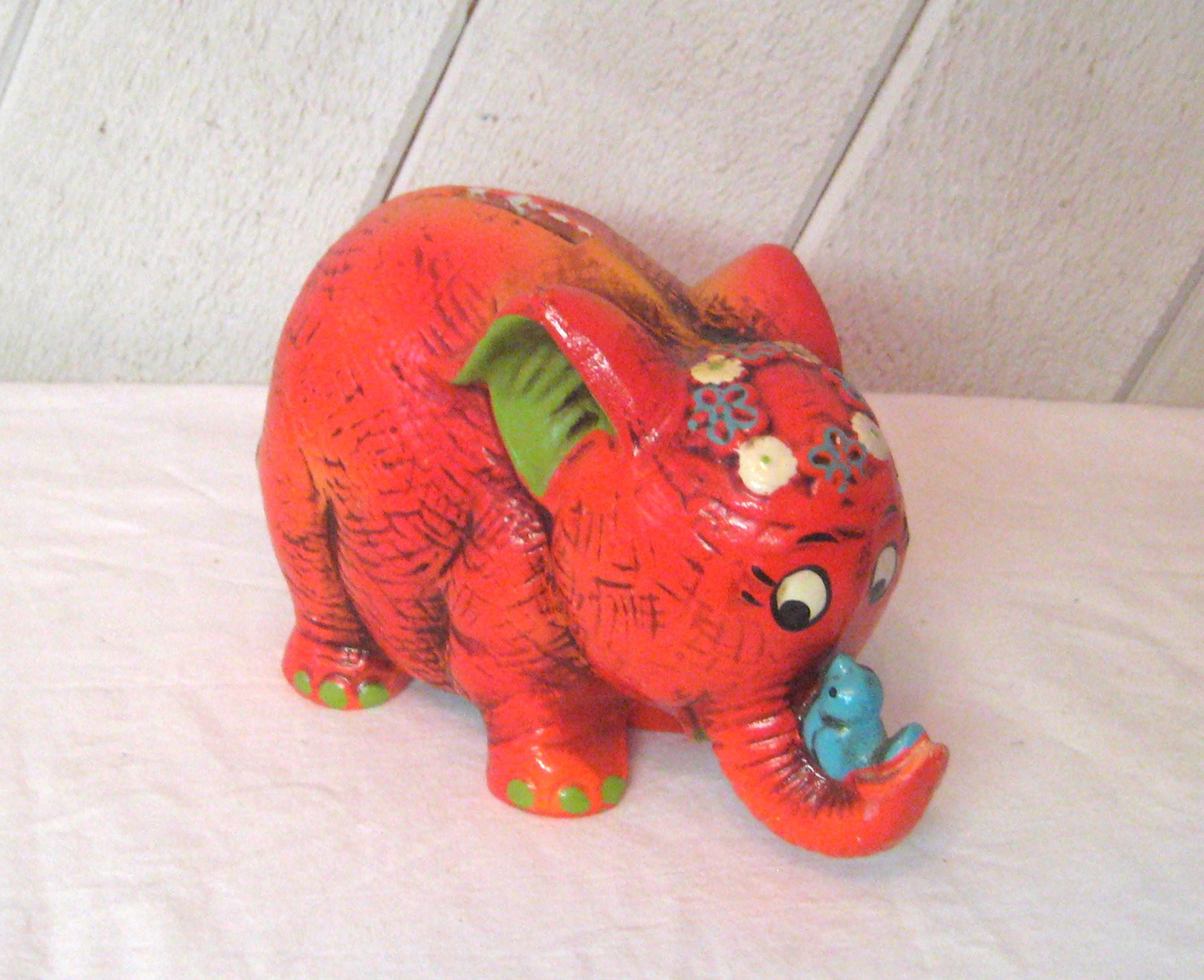 Vintage ceramic orange elephant piggy bank with bluebird on trunk, abstract whimsical elephant, MCM mid century 50s 60s rare unusual unique