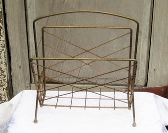 Brass metal MCM magazine rack, rustic distressed, rusty wire tube magazine stand, primitive, mid century 1950s, industrial farmhouse decor