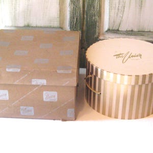 Caja para sombreros Vintage Union, dos cajas para sombreros, cartón cuadrado redondo, rayas beige doradas, MCM mediados de siglo, años 50 y 60, regalo de almacenamiento de armario para ella