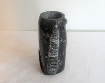 Vintage orthoceras stone vase, black gray fossil rock, carved stone vase, fossilized rock millions of years old, rare unusual unique OOAK