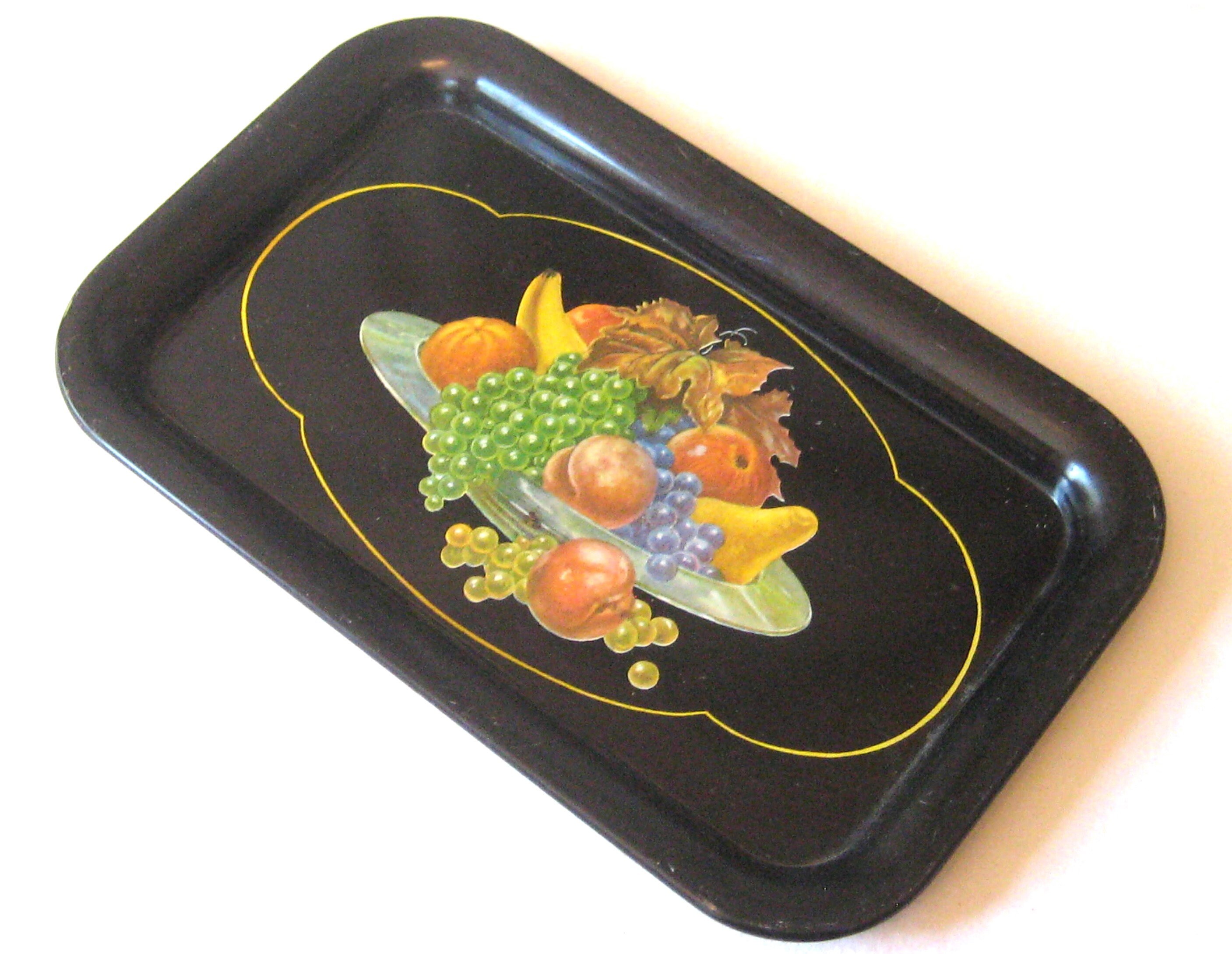 Antique black metal tray, drink food serving small rectangle tray, fruit bananas pear grapes peaches, kitchen mid century tray 50s 60s