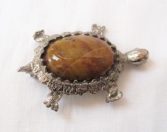 Vintage turtle brooch, brown rock, polished stone, silver tone turtle, lapel pin, hippie boho, 60s 70s, reptile, gift for her