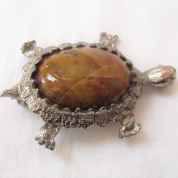 Vintage turtle brooch, brown rock, polished stone, silver tone turtle, lapel pin, hippie boho, 60s 70s, reptile, gift for her