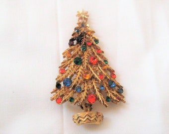 Vintage Christmas tree brooch, signed ART brooch, gold brass tree, colorful glass rhinestones, holiday brooch, gift for her, mid century