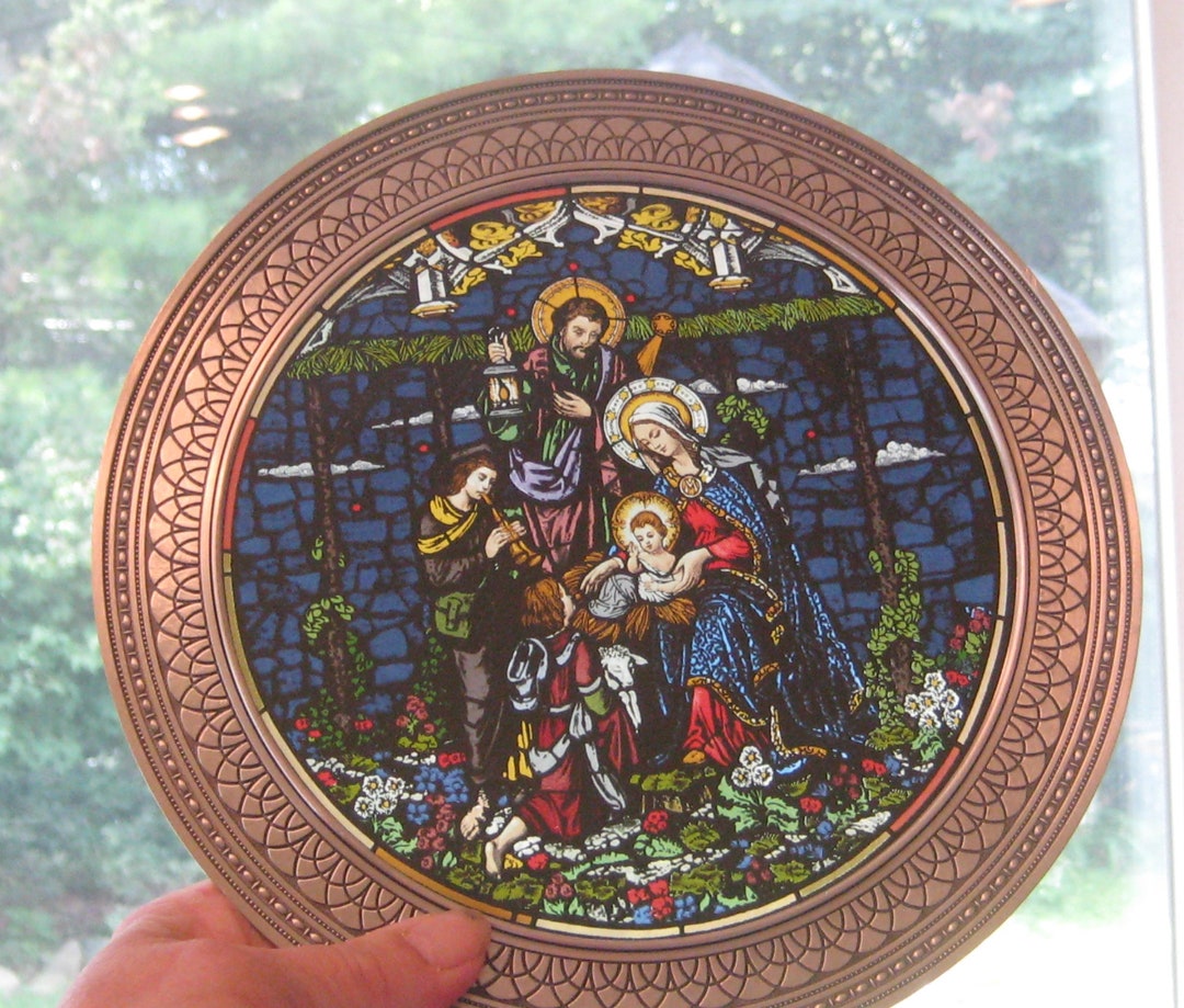 Vintage Stained Glass Nativity Scene Mother Mary Joseph Baby Etsy