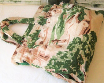 fourre-tout en tissu d'écorce vintage, sac à tricoter en tissu, sac à main à poignée supérieure, Noël vert beige brun ivoire, villages nature people, milieu du siècle