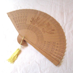 Antique wood Asian hand fan, intricate cut out design, hand drawn birds flowers, mid century 50s 60s, vintage ladies folding hand fan
