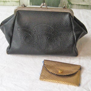 Vintage small black top handle handbag, vegan faux leather vinyl bag, chain handle, gold coin purse, petite purse, mid century 50s 60s