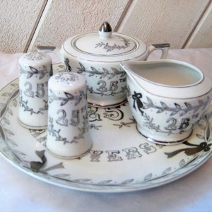 25th wedding Anniversary present, plate, sugar, creamer, salt and pepper shakers, Lefton fine china, 1970s