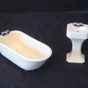 Vintage ceramic doll house furniture, bathroom ceramic bathtub pedestal sink, vintage handmade ceramic projects, 1980s, one of a kind