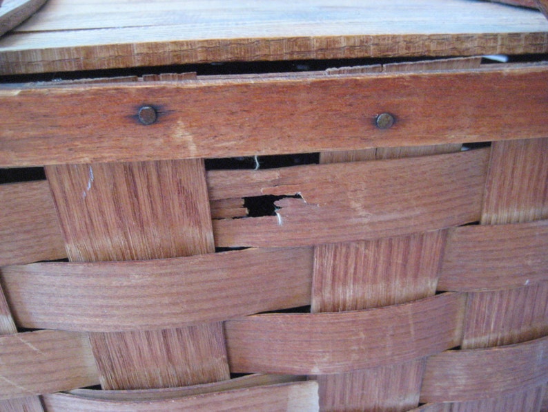 Woven Wood Picnic Basket Wooden Food Basket Mid Century Etsy