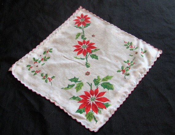 Vintage Christmas womens handkerchief, white red … - image 1