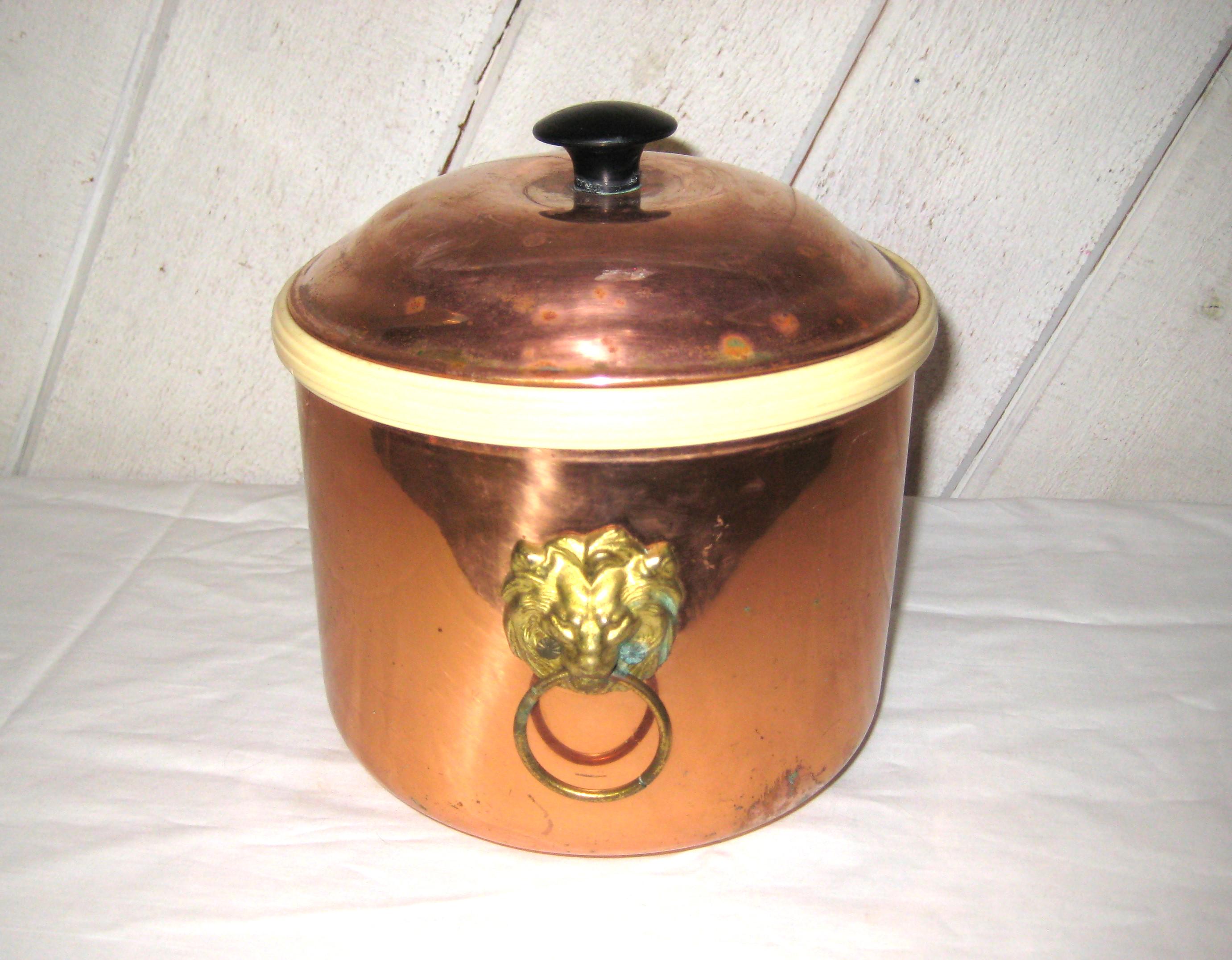 ヴィンテージ銅製アイスバケツ、蓋付き断熱金属バケツ、小型、ライオン