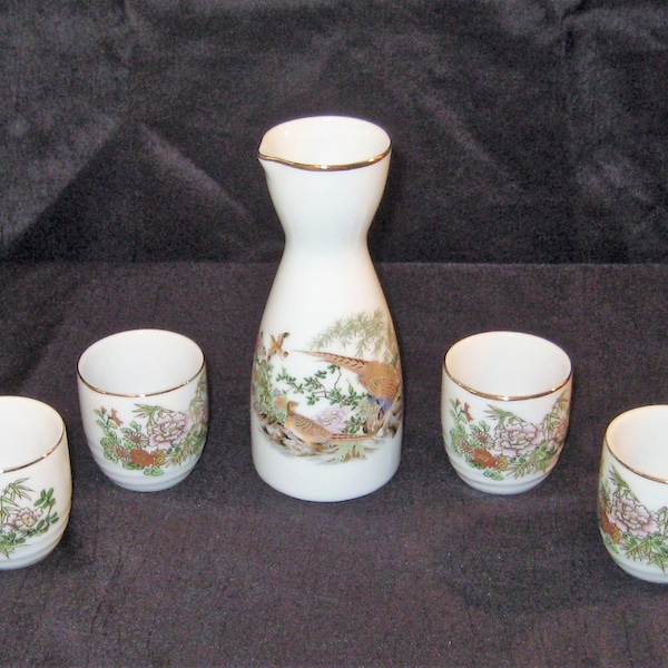 Vintage sake' pitcher shot glasses set, Japanese Asian alcohol carafe container, four drinking glasses, exotic birds quail, vintage barware