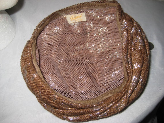 Brown, silver metallic beret turban hat, formal b… - image 4