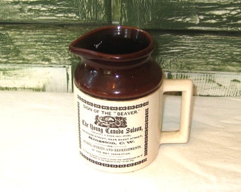 Vintage brown glazed pitcher, petite antique reproduction, Abenakis pottery Canada, advertising stoneware crock mug, mid century 60s 70s