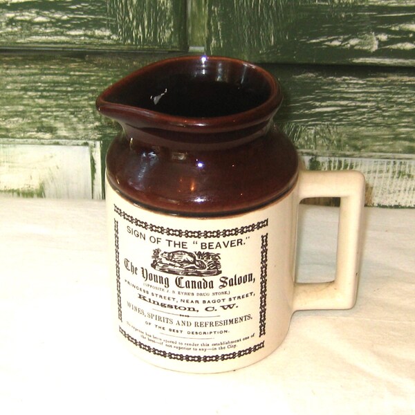 Vintage brown glazed pitcher, petite antique reproduction, Abenakis pottery Canada, advertising stoneware crock mug, mid century 60s 70s