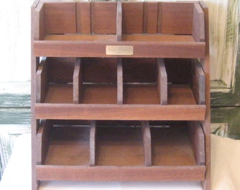 Vintage solid wooden store display stand, three tiered graduating depths shelves, cubby hole stand storage, moveable compartments brown wood