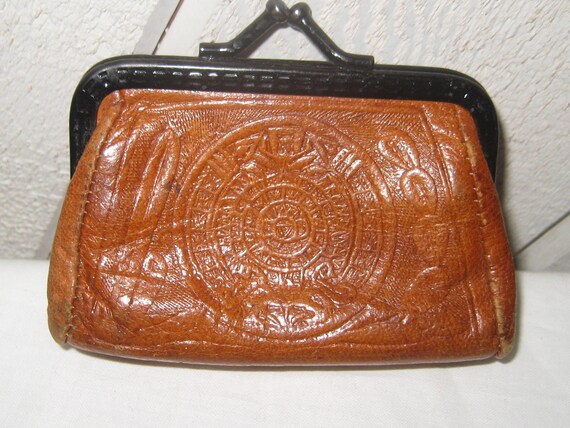 Vintage change purse, coin purse, brown tooled le… - image 4