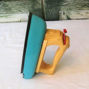 Vintage toy iron. tin metal turquoise aqua blue, beige bakelite handle, antique pretend play, mid century 40s 50s, laundry room decor