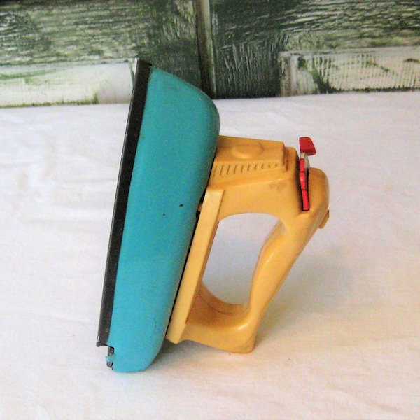 Vintage toy iron. tin metal turquoise aqua blue, beige bakelite handle, antique pretend play, mid century 40s 50s, laundry room decor