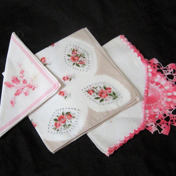 Pink and white floral handkerchiefs, crochet womens hankies, embroidered, pink roses, dainty thin cotton, mid century, gift for her