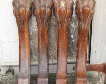 Vintage set of 4 lion claw lion table legs, solid oak carved repurposed animal paw furniture feet, mid century 60s 70s rustic distressed
