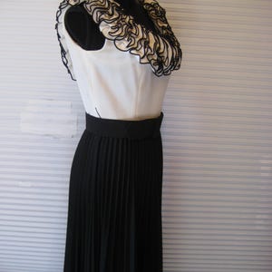 Vintage black ivory long gown, beige upper half with decorative ruffled neckline evening formal party dress fit to flare pleated Small S 70s
