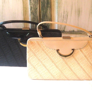 Bolso vintage grande con asa superior, color beige marfil y negro, de piel de charol, bolso de mano Lewis, MCM de mediados de siglo, años 50 y 60, bolso de mercado extragrande