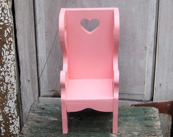 Pink wood doll chair, scrolled edges, solid sturdy wood, heart cut out, 1980s, large doll, little girls toy furniture, girls room decor