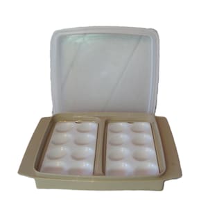Vintage Tupperware Eierträger mit 16 gefüllten Eiern, beige-weißer Kunststoff, 1970er Jahre, made in USA, tragbar