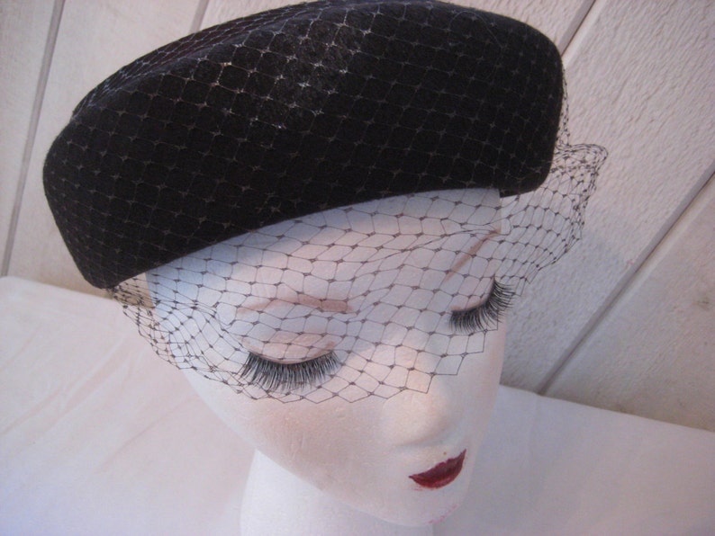 Brown wool pill box hat Henry Pollack mid century wool hat funeral hat formal hat net veiled hat Church Sunday hat grieving hat