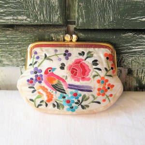 Vintage embroidered coin purse, ivory silk fabric colorful tropical exotic bird, mid century 50s, pink purple orange turquoise change pouch