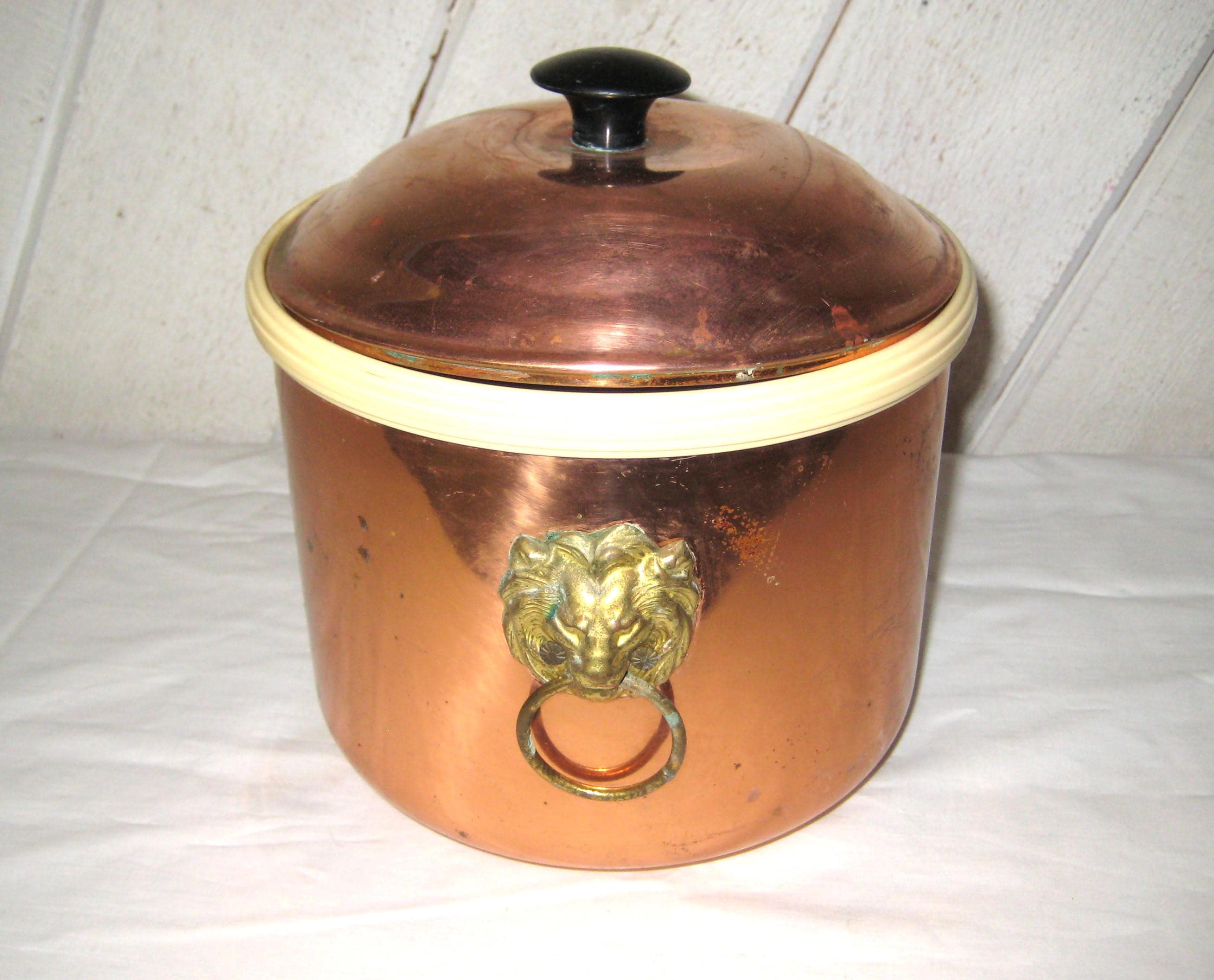 ヴィンテージ銅製アイスバケツ、蓋付き断熱金属バケツ、小型、ライオン