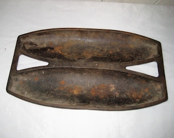 Double cast iron dish, divided dish, centerpiece display, corn muffin pan, primitive, rustic country decor, candle holder, mid century