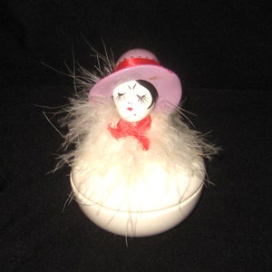 Vintage ceramic lady box, lidded white round box with woman head and purple hat ostrich feathers, mid century 50s 60s, trinket keepsake