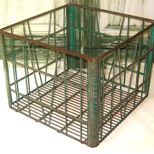 Antique metal milk crate, gray green rustic soda pop bin, Wetherell Dairy, mid century 1950s, distressed primitive, vintage heavy wire box