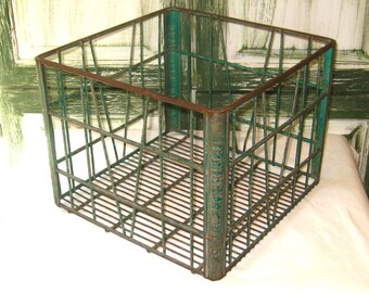 Antique metal milk crate, gray green rustic soda pop bin, Wetherell Dairy, mid century 1950s, distressed primitive, vintage heavy wire box