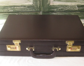 Vintage brown briefcase, vegan faux leather combination lock, really clean vinyl