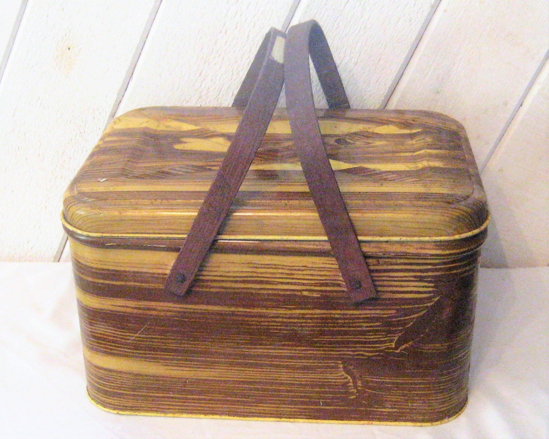 Antique Tin Metal Picnic Basket, Bent Wood Handles, Faux Wood Picnic