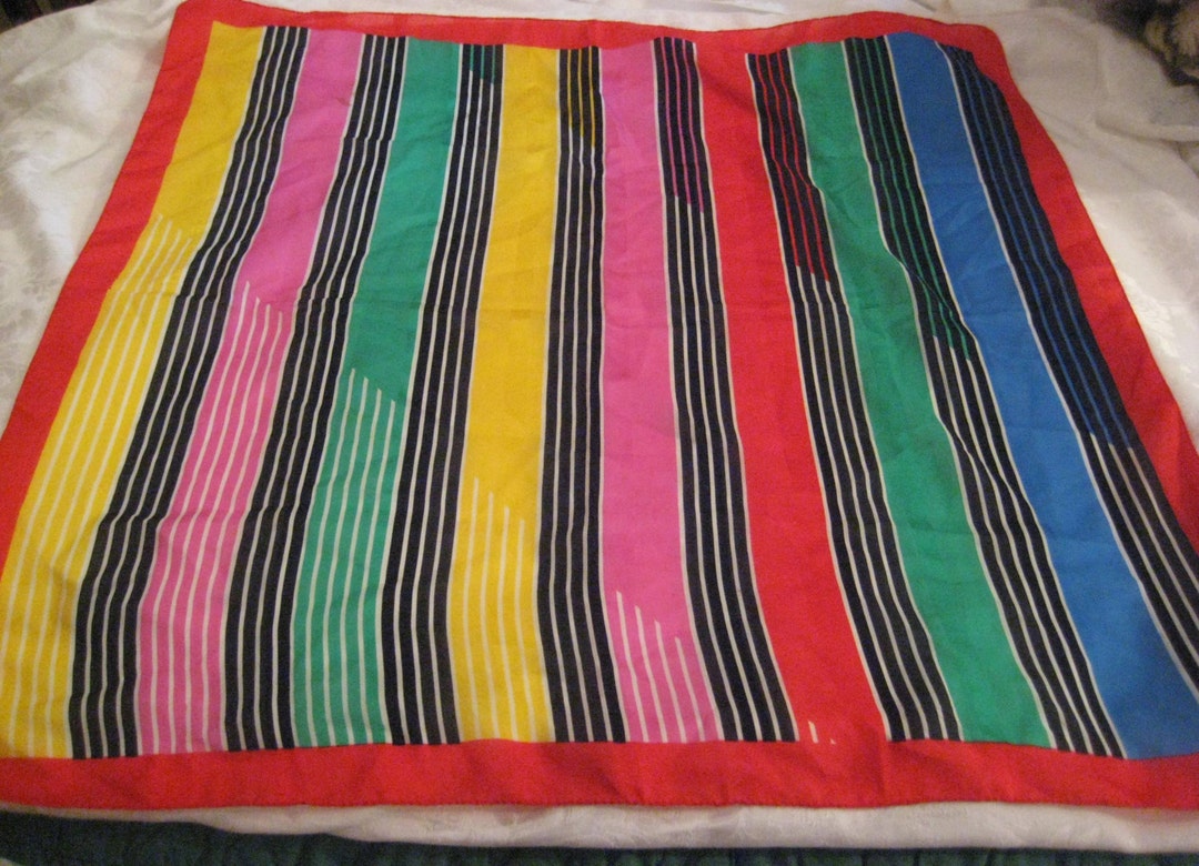 Vintage Square Neck Scarf Colorful Striped Scarf Red Green Etsy