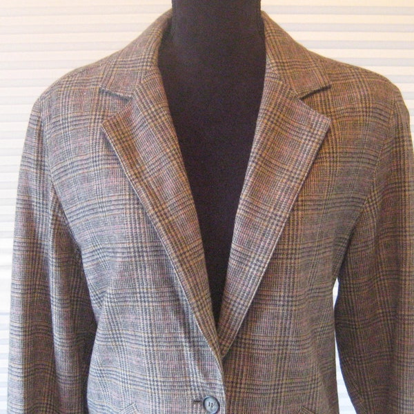 Wool gray black plaid blazer, vintage Weathervane winter blazer, gray tweed blazer, size medium, 1980s, made in USA, union tag