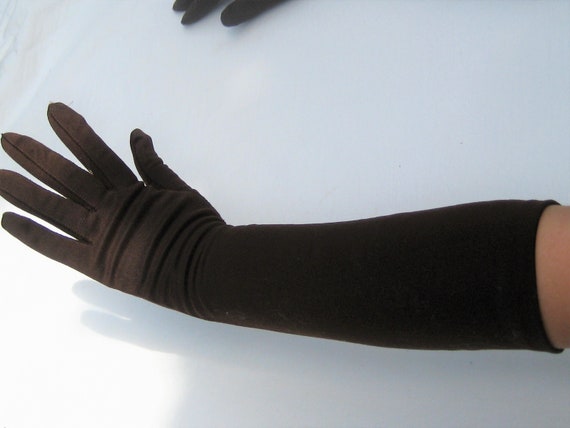 Vintage extra long formal brown gloves, nylon str… - image 4