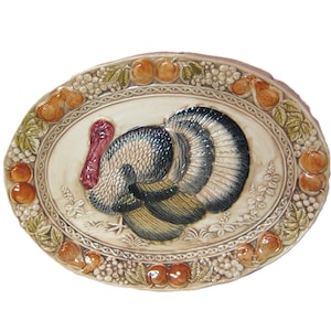 Vintage turkey platter, MCM extra large turkey serving tray, embossed colorful turkey fruit, mid century 50s 60s, Thanksgiving decor
