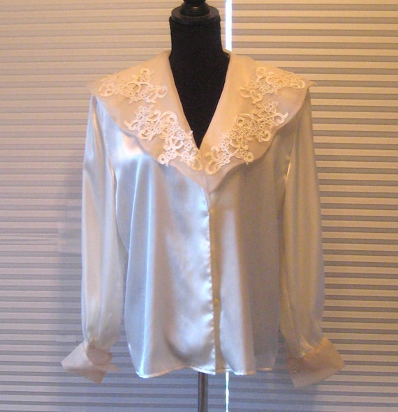 Vintage Ivory Cream Formal Button Down Blouse White Lace, Long