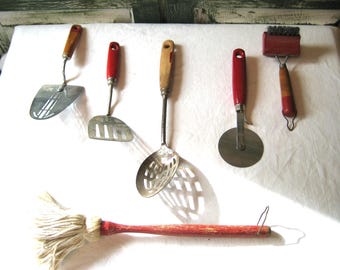 Antique MCM kitchen utensils, red wood handle, selling SEPERATELY, spatulas small mop large spoon pizza cutter cleaning grill brush USA