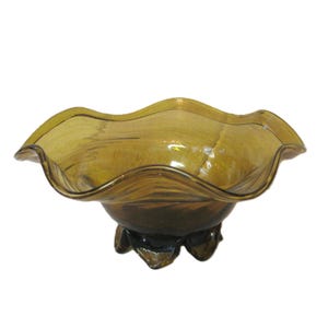 Vintage MCM amber blown glass bowl, large size hand blown glass, ruffled fluted sides rim, footed art glass bowl, mid century 50s 60s, OOAK