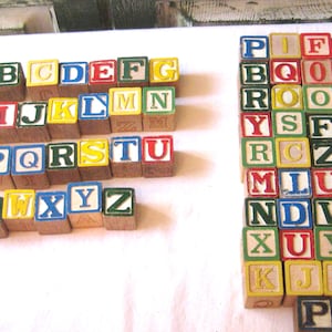 Antique large collection of wood letter blocks, alphabet numbers numerals colorful, mid century 50s 60s entire alphabet 63 total 1.25 inches