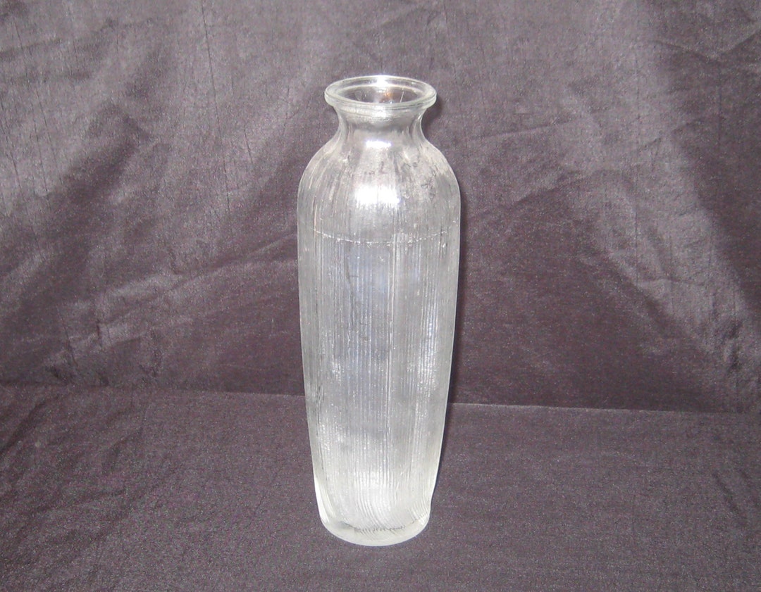 Tall Clear Glass Flower Vase, F.T. D. A., Made in USA, Ribbed Glass
