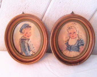 Pair of little Dutch boy and girl pictures, antique petite oval Holland prints, Katarina, Aarian, small wall hanging, boy girls room decor